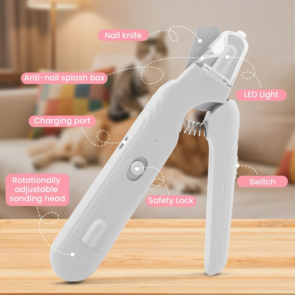 2 in 1 Cat Dog Nail Clippers & Grinder with LED Light, Quiet Rechargeable
